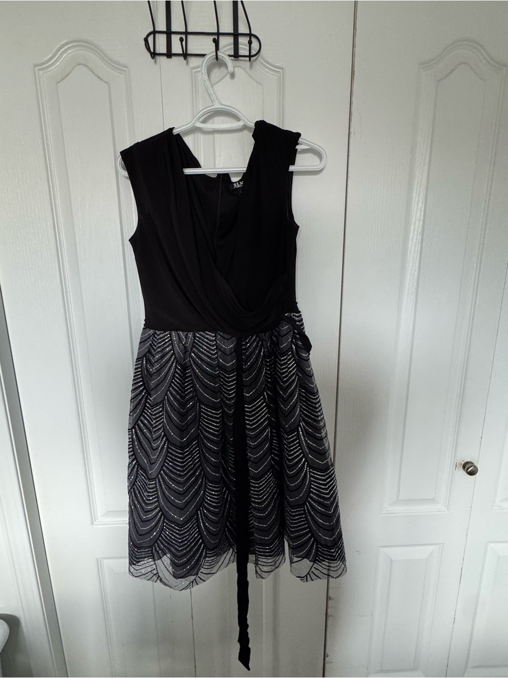 SLNY Black Sleeveless Fit & Flare Dress with Beaded Skirt
